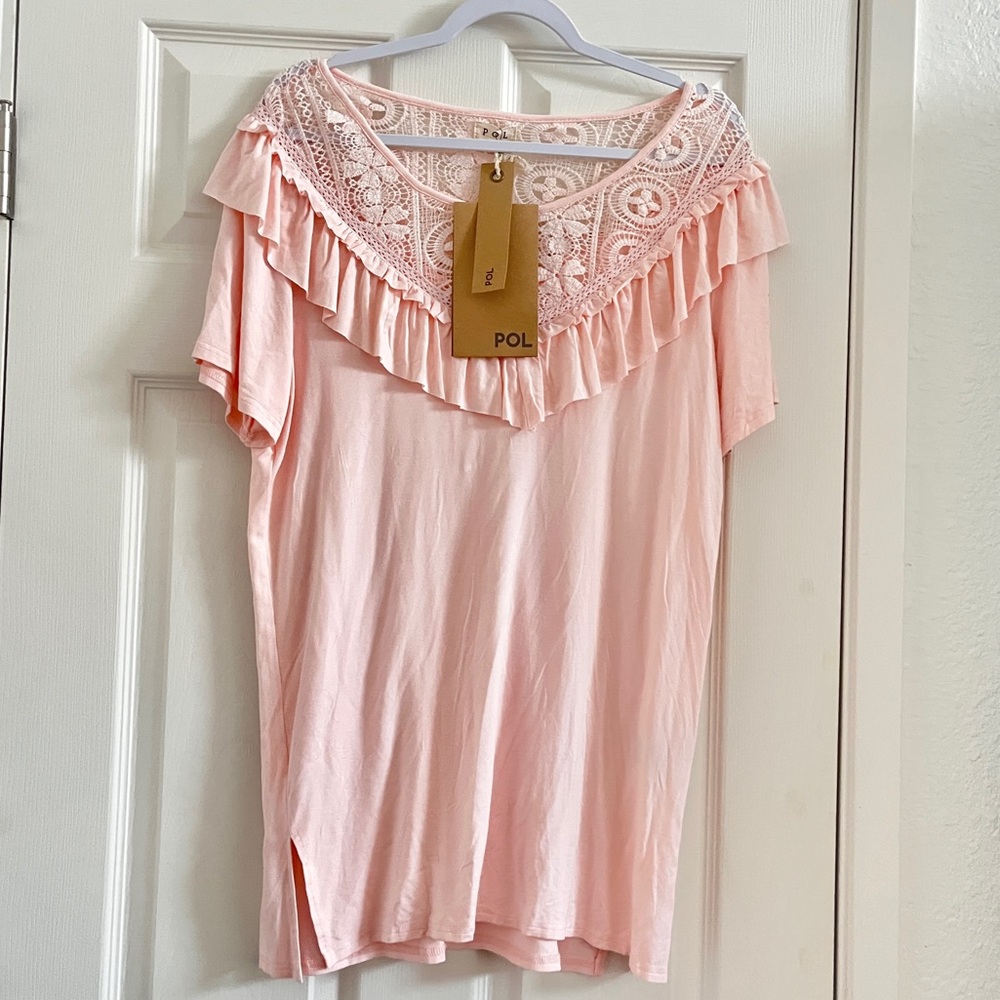 New With Tags: POL ruffled lace short sleeve baby pink top